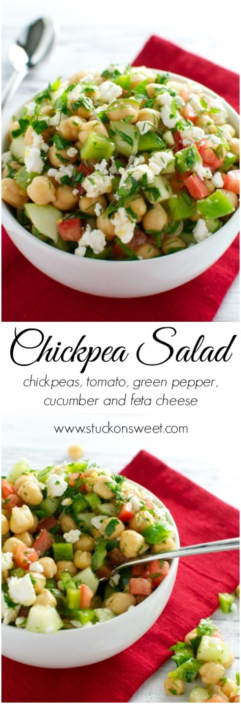 Fresh chickpea salad with tomatoes, green peppers, cucumbers, feta cheese, and herbs in a white bowl, styled with a red napkin for a healthy, savory appetizer or side dish.