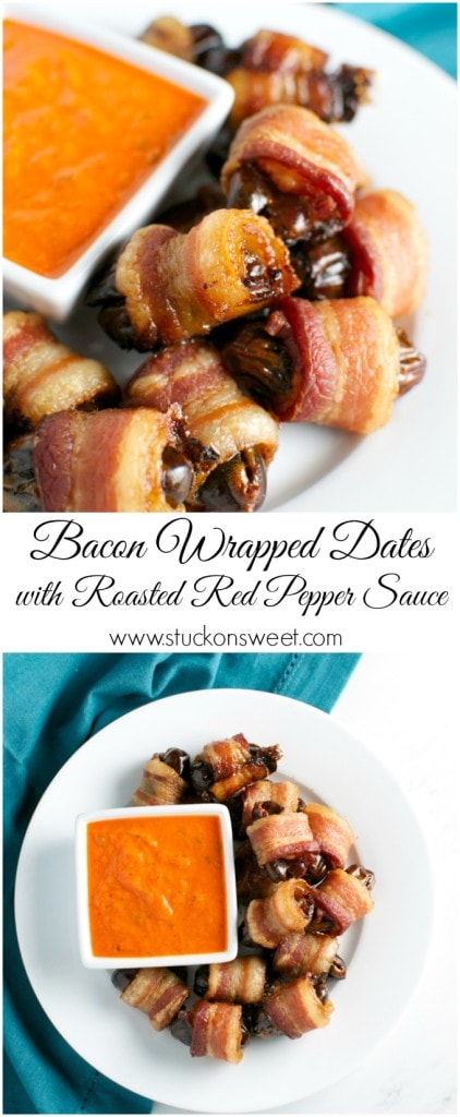 Crispy bacon-wrapped dates filled with melted chocolate, served with roasted red pepper sauce for a savory-sweet appetizer treat. Perfect for parties and gourmet snacking.