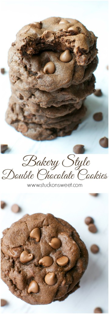 Bakery Style Double Chocolate Cookies. Rich, Fudgy chewy cookies that taste and look like they were baked at your local bakery! | www.stuckonsweet.com