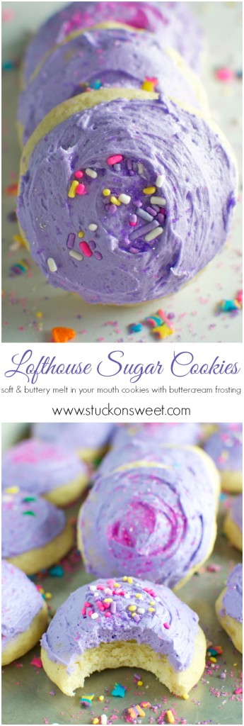 Lavender sugar cookies with buttercream frosting, decorated with colorful sprinkles, featuring a soft, buttery melt-in-your-mouth texture perfect for sweet treats and dessert recipes.