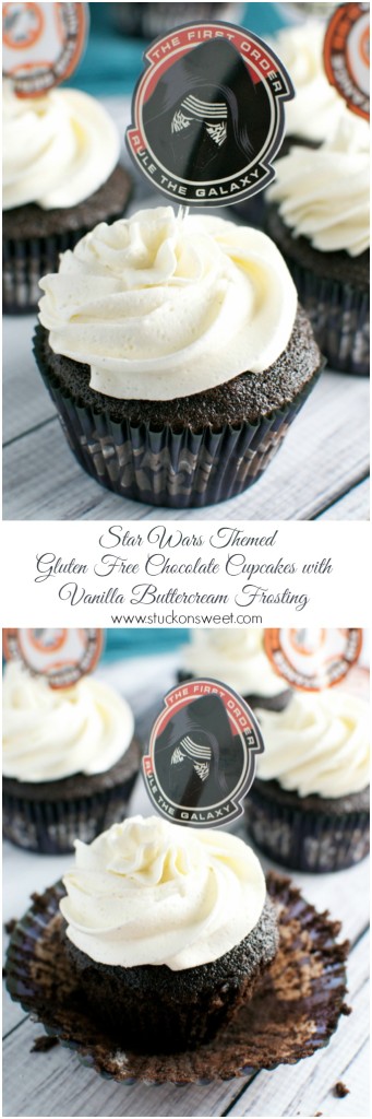 Star Wars themed gluten-free chocolate cupcakes with vanilla buttercream frosting, perfect for Star Wars fans and special occasions, featuring exclusive Galaxy First Order decor.
