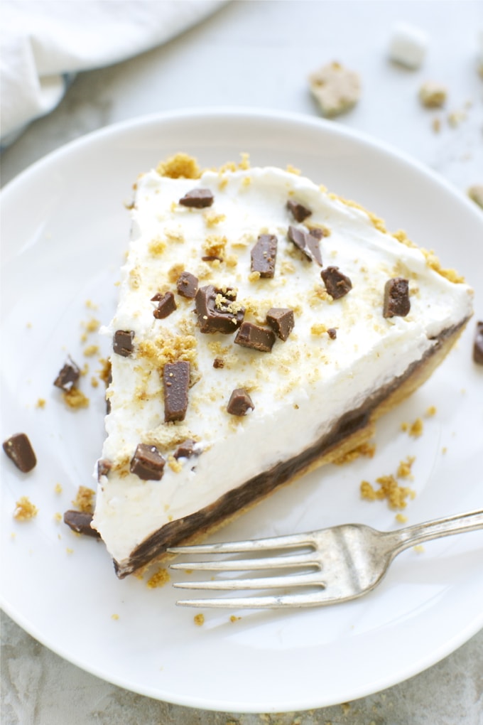 Creamy chocolate chip cheesecake slice with graham cracker crust and chocolate shavings on top. Perfect for dessert recipes, indulgent treats, and special occasions.
