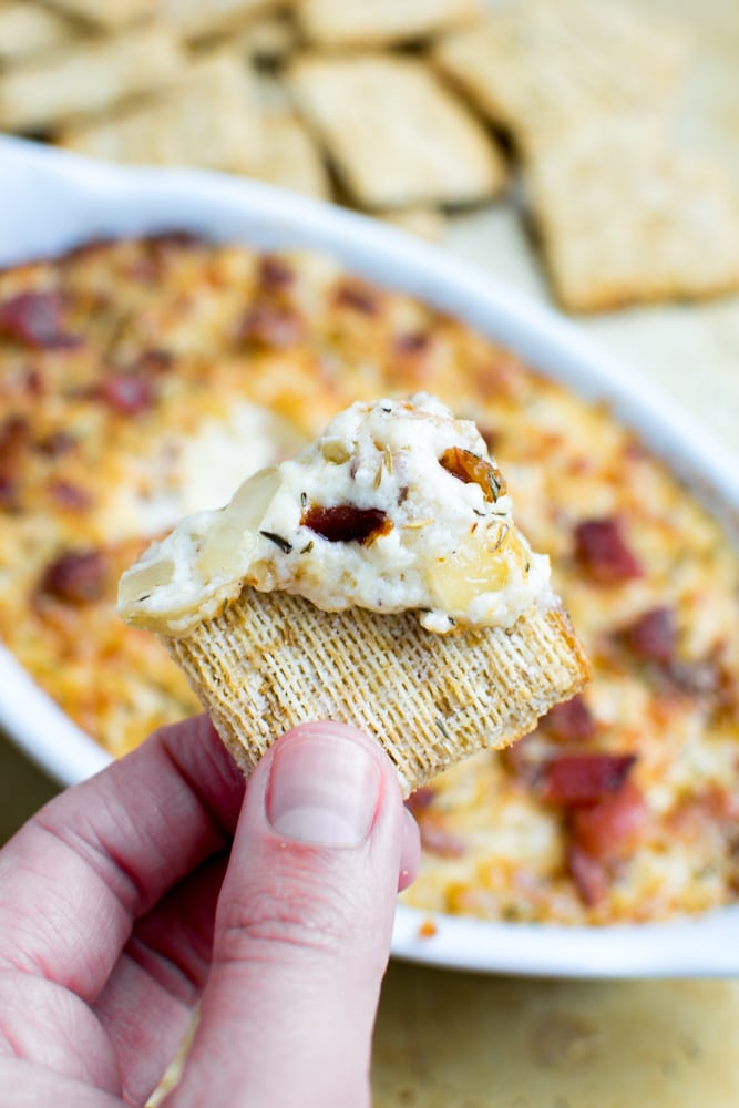 Hot Sweet Onion Bacon Dip in a dish appetizer, snack, easy recipe, Stuck On Sweet, dessert, creamy, cheesy, savory, comforting, homemade.