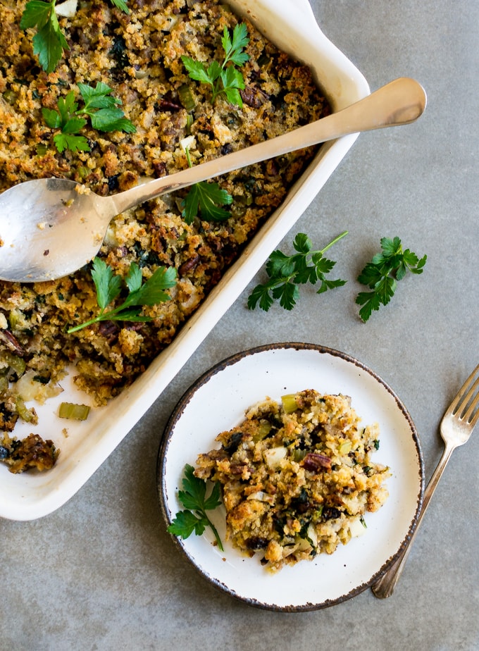 Crumb-topped stuffing with celery and herbs in a baking dish, ready to serve.