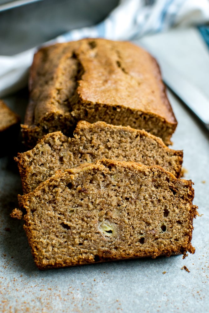 Moist banana bread loaf with nuts on parchment paper, fresh baked and sliced, showcasing its dense texture and golden-brown crust. Perfect for breakfast or a sweet snack.