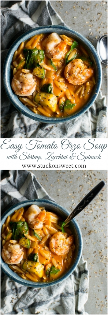 Creamy shrimp, zucchini, and spinach tomato Orzo soup with tender shrimp and fresh vegetables in a flavorful broth. Perfect comfort food recipe from Stuck On Sweet.