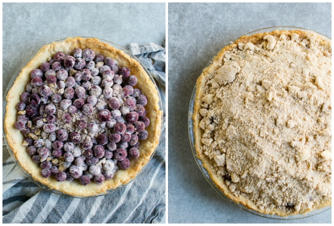 Frozen blueberry pie with crumb topping, dessert baking, sweet fruit pie, homemade blueberry crumble pie.
