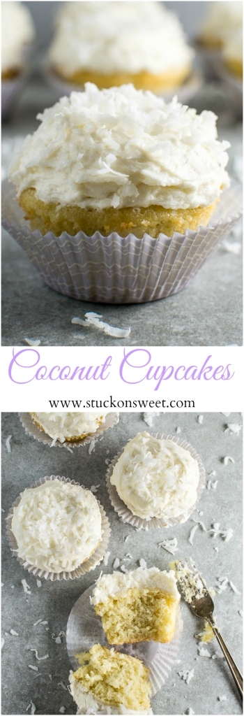 Fluffy coconut cupcake with creamy white frosting and shredded coconut topping, showcasing a delicious coconut dessert.