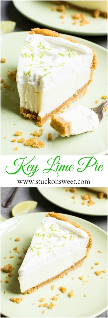 Creamy Key Lime Pie with graham cracker crust on pastel green plate, topped with lime zest and crumbs.