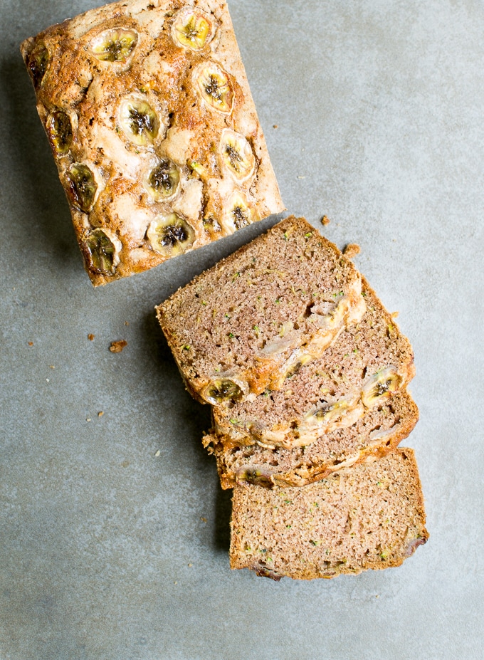 Banana bread with chocolate chips and sliced bananas on top, baked to golden perfection. A delicious homemade treat perfect for snacking or breakfast.