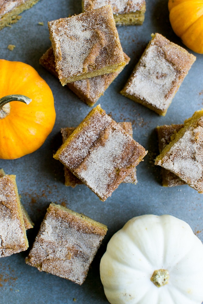 Sweet pumpkin bars topped with cinnamon sugar and pumpkin accents for fall desserts.