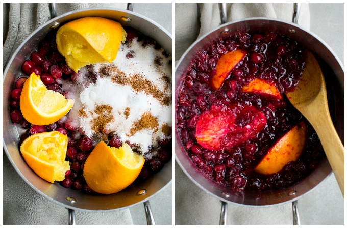 Fresh cranberry sauce with orange slices and spices in a saucepan, ready to cook and serve as a sweet holiday side dish. Perfect for Thanksgiving or holiday celebrations.