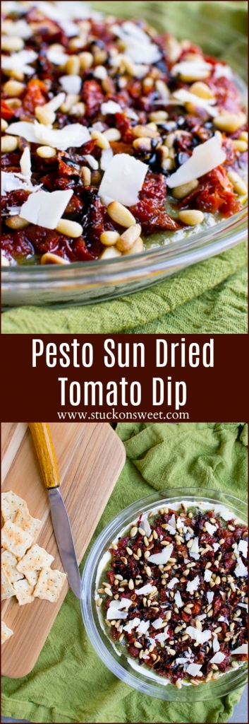 Sweet Pesto Sun Dried Tomato Dip recipe with pine nuts, parmesan, and basil for appetizers and party snacks. Perfect for cheese boards, chips, or bread. Easy, tasty, and flavorful.