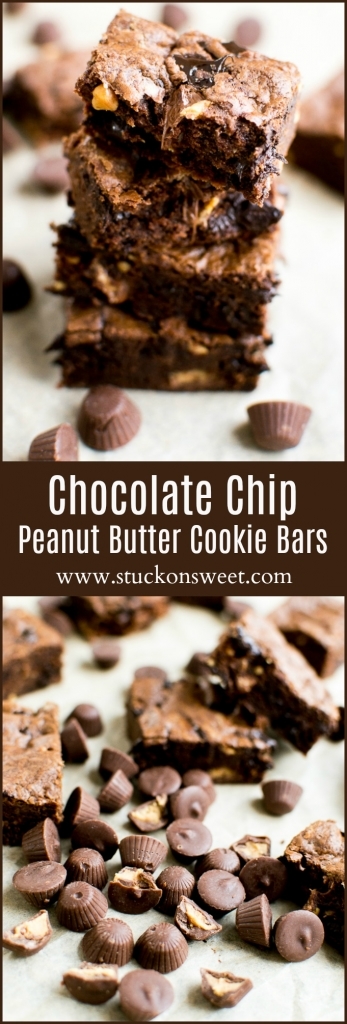 Chocolate chip peanut butter cookie bars, irresistible sweet treat with rich chocolate, crunchy peanuts, and creamy peanut butter, perfect for dessert or snacks.