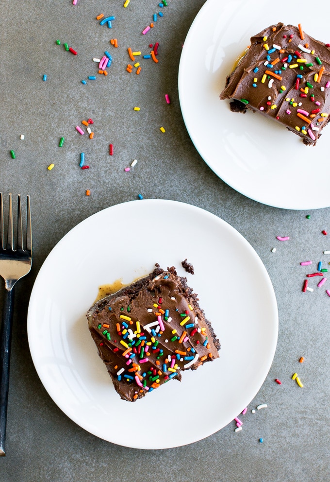 Rich chocolate cake squares with colorful sprinkles on white plates, perfect for birthdays and celebrations, served on a gray surface with scattered confetti.