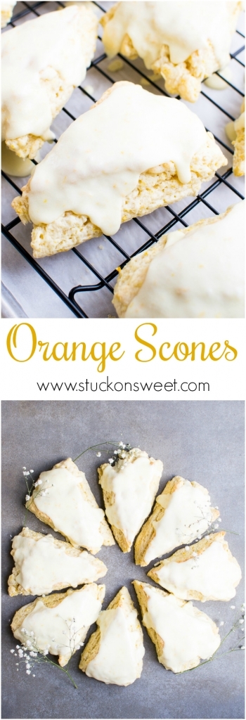Buttery orange scones with a sweet glaze, perfect for breakfast or tea time, featuring a golden crust and tender crumb. Ideal for homemade baked goods, breakfast treats, or dessert options.