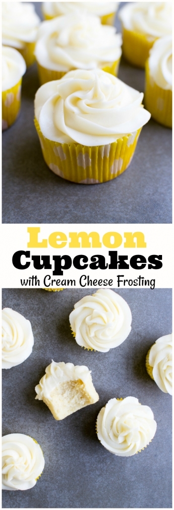 Buttery lemon cupcakes with cream cheese frosting in yellow cupcake liners, perfect for desserts or special occasions. Easy lemon cupcake recipe with rich cream cheese frosting.