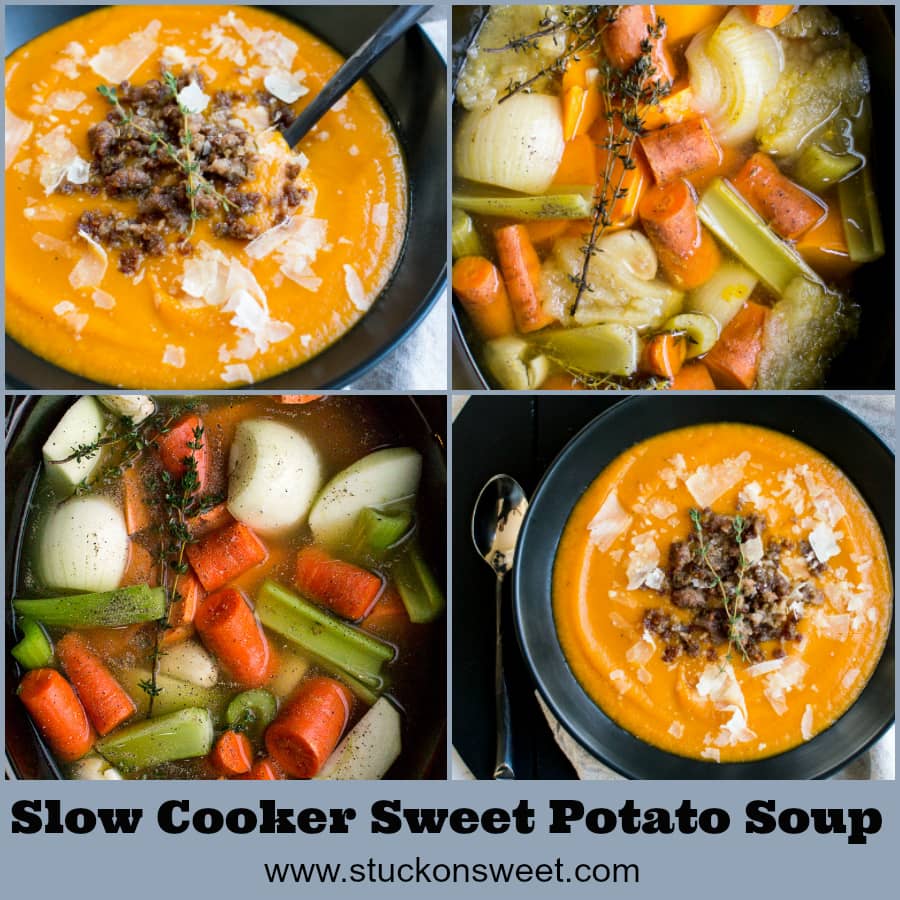 Creamy sweet potato soup topped with ground beef, garnished with cheese and fresh herbs, served with a hearty vegetable broth containing carrots, celery, and onions, ideal for cozy comfort food.