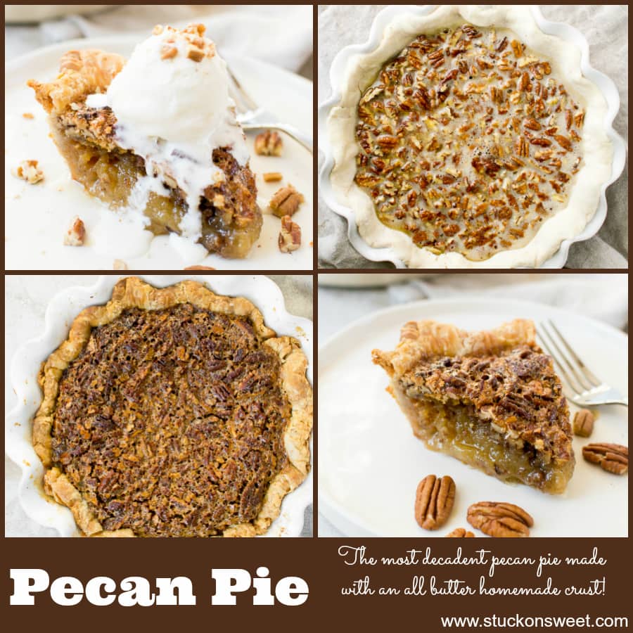 Buttery pecan pie slices garnished with chopped pecans, rich filling inside a flaky crust, perfect for holiday dessert. Enjoy homemade pecan pie with all-butter crust from Stuck On Sweet.