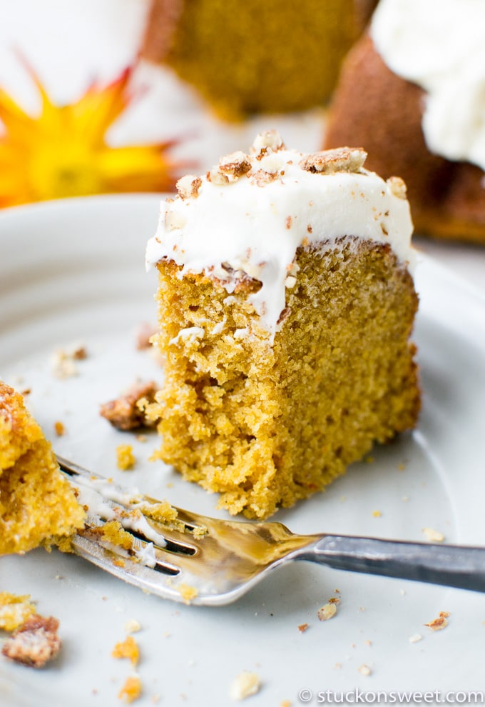 Rich moist pumpkin bundt cake slice topped with creamy frosting and crushed nuts, perfect for fall desserts.