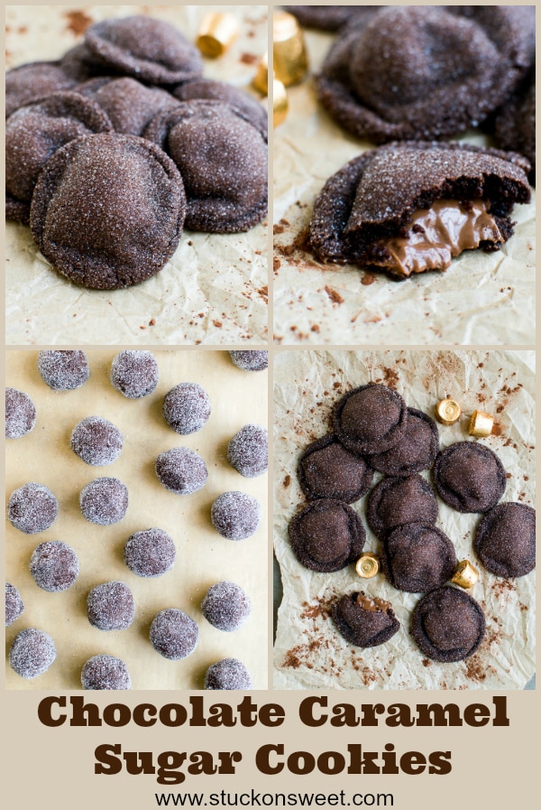 Chocolate caramel sugar cookies topped with cocoa powder and sugar, perfect for sweet tooth cravings.