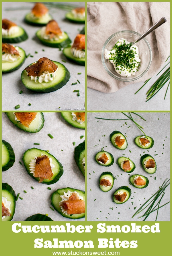 Cucumber Smoked Salmon Bites are the perfect appetizer! Chive cream cheese, cucumbers and smoked salmon are all that you need! #stuckonsweet #appetizer #recipe