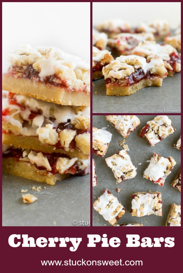 Chunks of cherry pie bars with white icing and crushed nuts, displaying layers of cherry filling and golden crust, perfect for dessert or snacks.