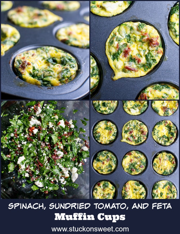 Scrambled egg muffin cups with spinach, sundried tomatoes, and feta cheese in a muffin tray.