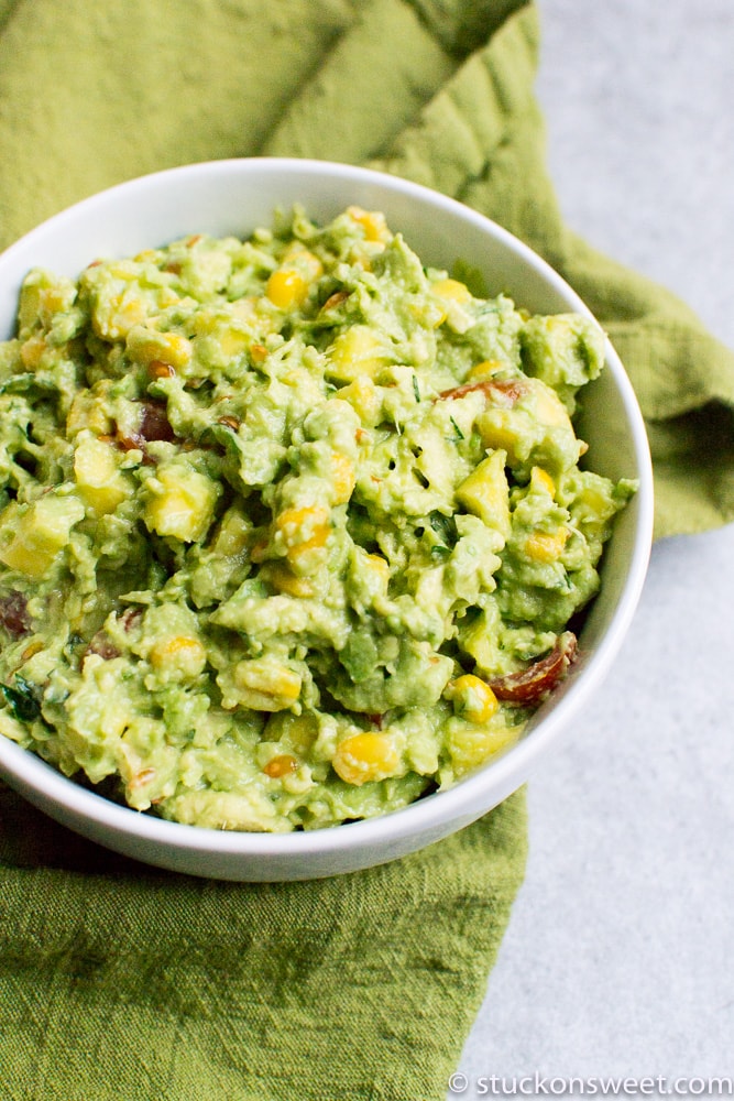 Fresh KID FRIENDLY guacamole made with mangos, corn and tomatoes