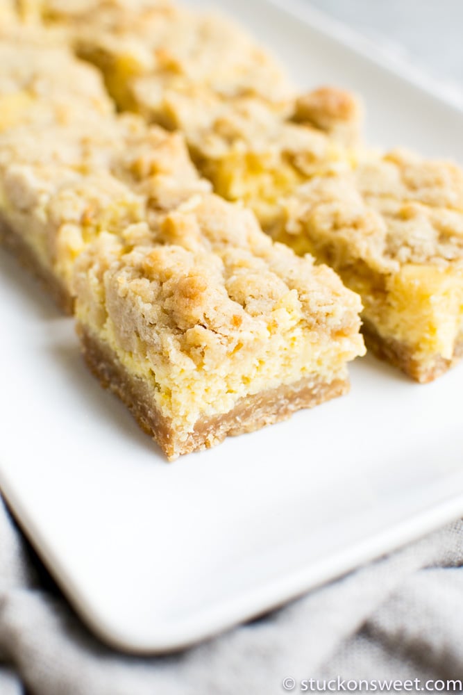 Another shot of the lemon oat bars on a plate.