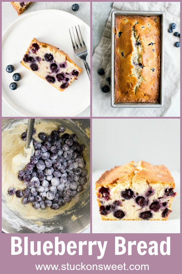 Sweet blueberry bread with fresh blueberries in a baking pan and a sliced piece on a plate, showcasing moist texture and homemade baking.