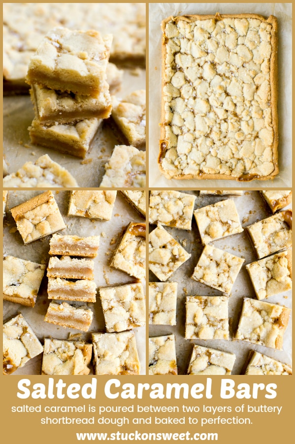 Buttery salted caramel candy bars with crumbly shortbread crust and gooey caramel, topped with a crumbly streusel and baked to perfection for a sweet caramel treat, ideal for dessert or snack.