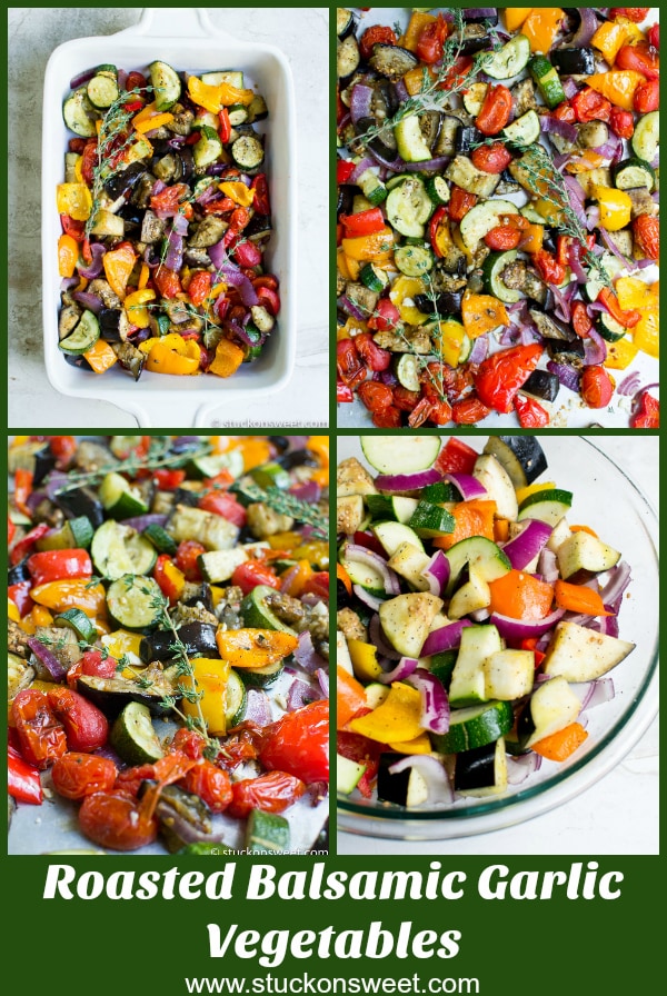 Zucchini, cherry tomatoes, red bell peppers, yellow bell peppers, eggplant, fresh herbs, roasted vegetables, balsamic garlic vegetables, healthy veggie side dish, colorful vegetable recipe.