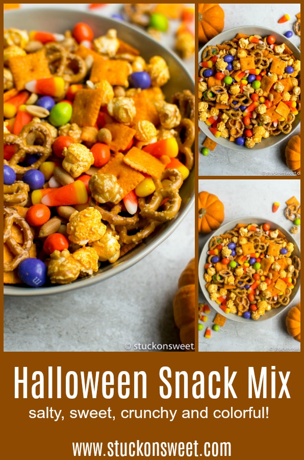 Chex Mix Halloween snack mix with colorful candies, pretzels, popcorn, and cereal in a festive bowl, perfect for Halloween parties and celebrations.