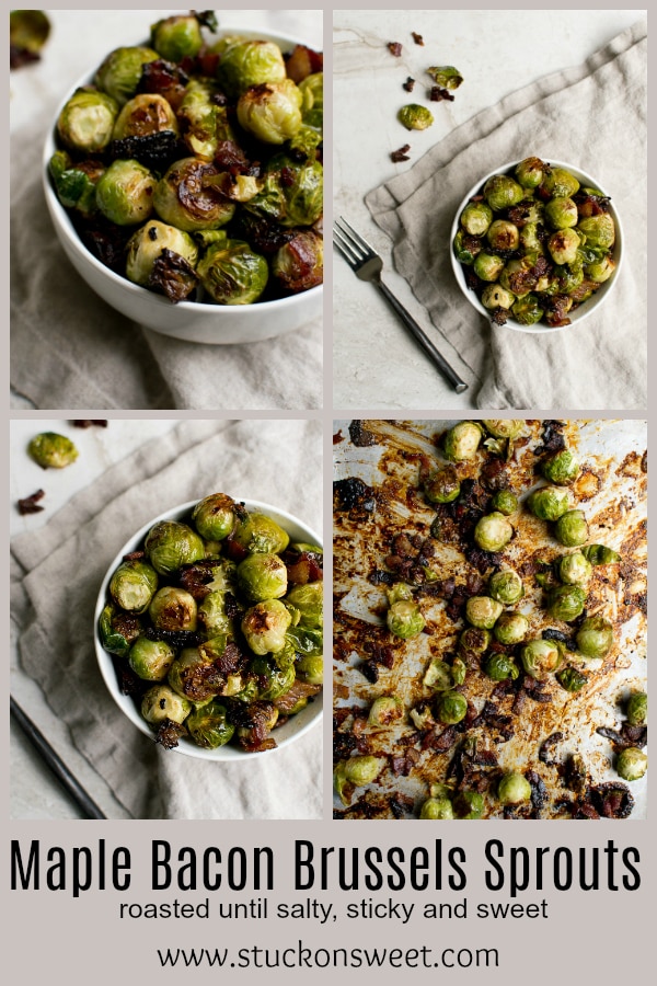 Brussels sprouts with maple bacon recipe in a white bowl, roasted brussels sprouts with crispy bacon, savory side dish, healthy roasted vegetables, winter vegetable side dish, Stuck On Sweet.