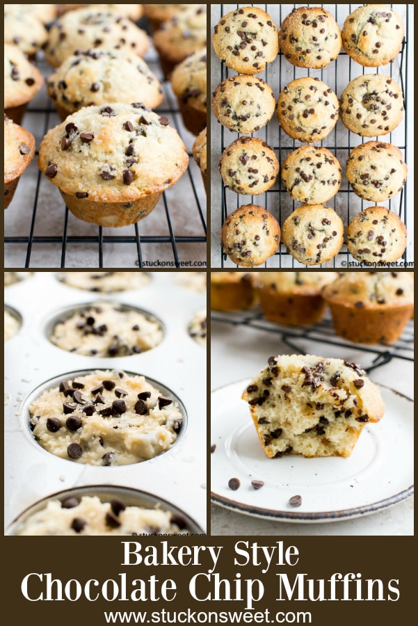 Buttery bakery-style chocolate chip muffins with gooey chocolate chips, perfect for breakfast or snacks, easy to make from scratch, and deliciously moist.
