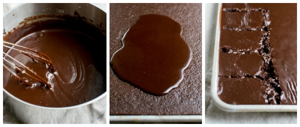 Smooth, melted chocolate being stirred in a bowl; rich, glossy melted chocolate for baking or confectionery purposes.