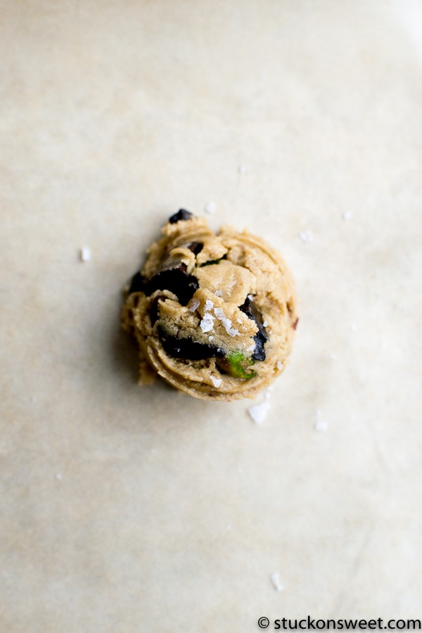 Butter cookie with chocolate chunks and sea salt, on a white background, close-up, delicious homemade cookie, sweet treats, baked goods, Stuck On Sweet.