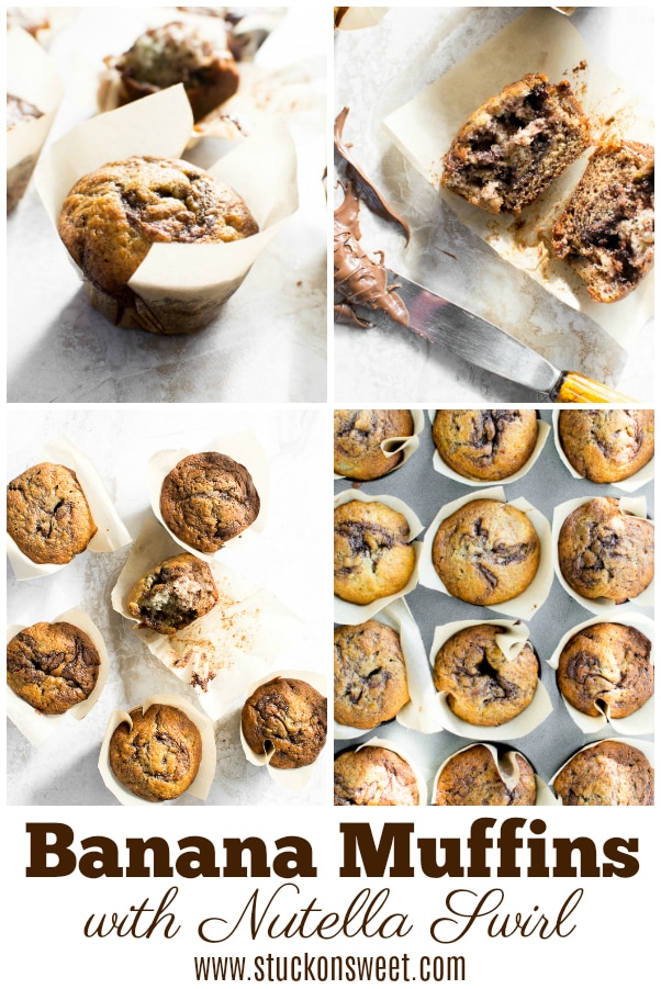Moist banana muffins with chocolate chips and Nutella swirl, baked to perfection, and topped with a delicious Nutella filling for irresistible flavor.
