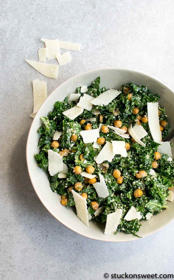 Kale and chickpea salad with shaved parmesan cheese and crispy chickpeas for healthy eating and nutritious meal options.