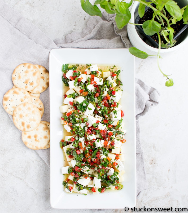 Fresh Vegetable Cheese Appetizer on White Serving Plate with Crackers and Green Plant, Healthy Snack, Vegan Party Food, Food Presentation, Stuck On Sweet.