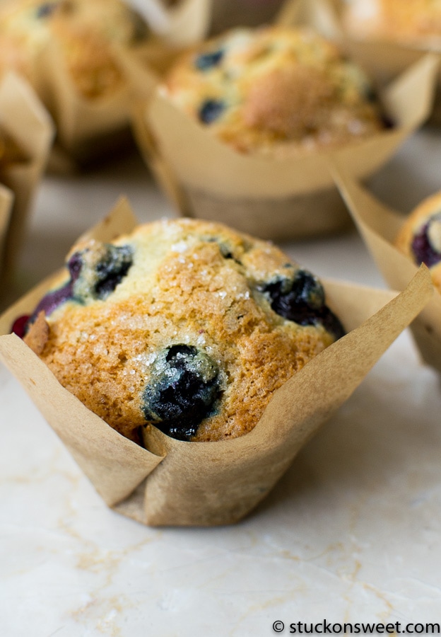 Fresh blueberry muffin in paper baking cup, close up, with more muffins blurred in the background - Stuck On Sweet.