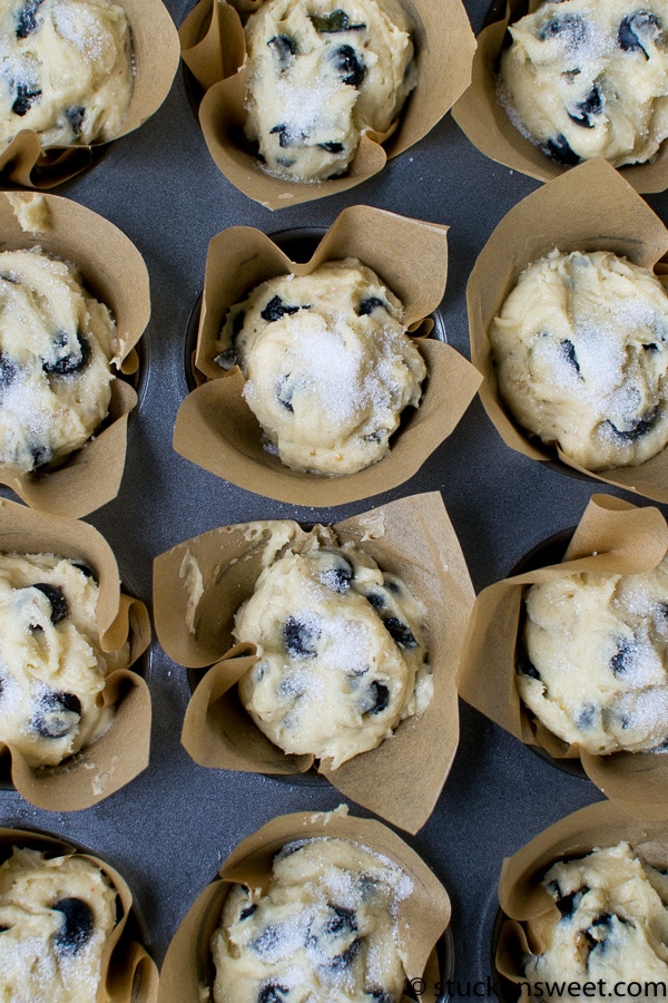 Buttery blueberry muffin tops baking in paper liners on a dark baking sheet.