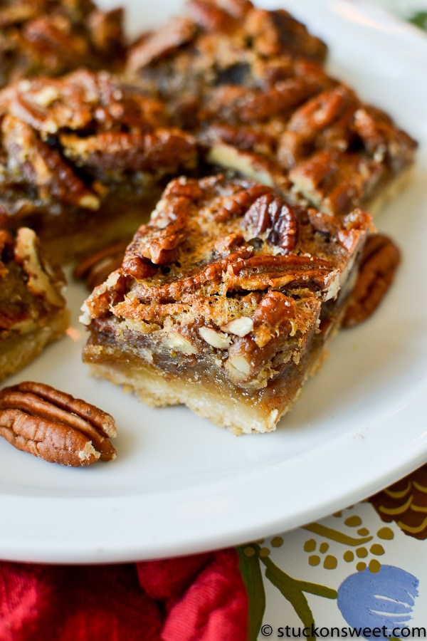 Rich pecan pie bars with caramel and chocolate layers, topped with pecans on a white plate, perfect for indulging sweet tooth cravings.