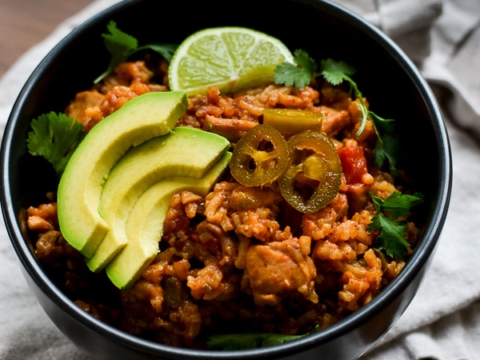 Spicy chicken chili in a black bowl garnished with avocado slices, jalapeño peppers, and lime wedge on a rustic wooden table.
