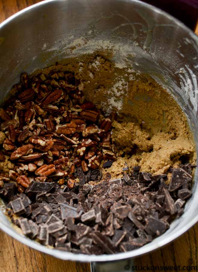 Rich chocolate chunks, chopped pecans, and cookie dough for homemade baking and sweet treats.