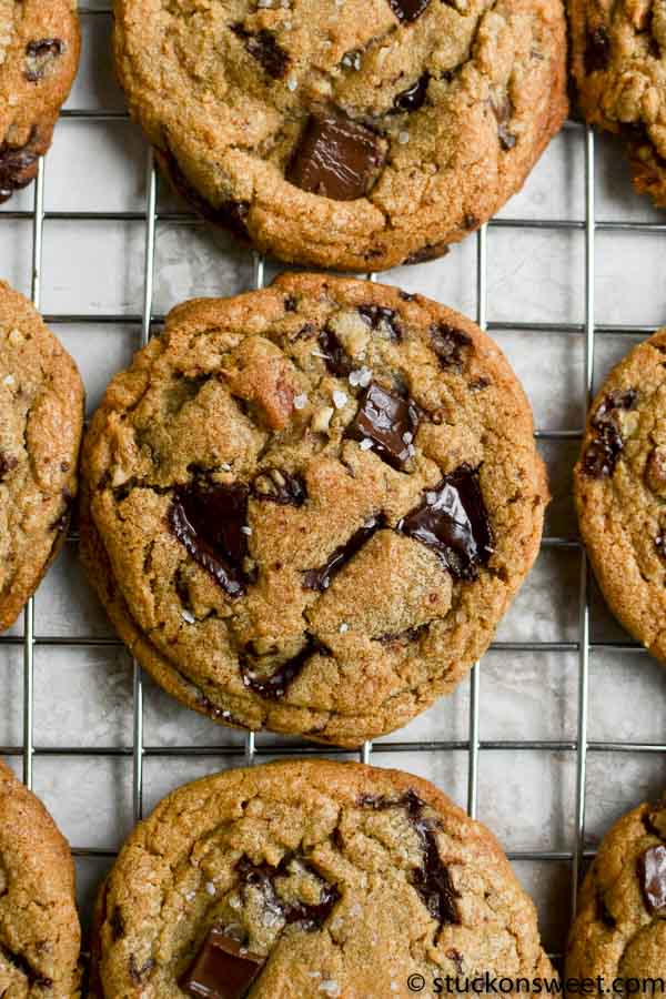 brown butter pecan chocolate chip cookie on cooling rack