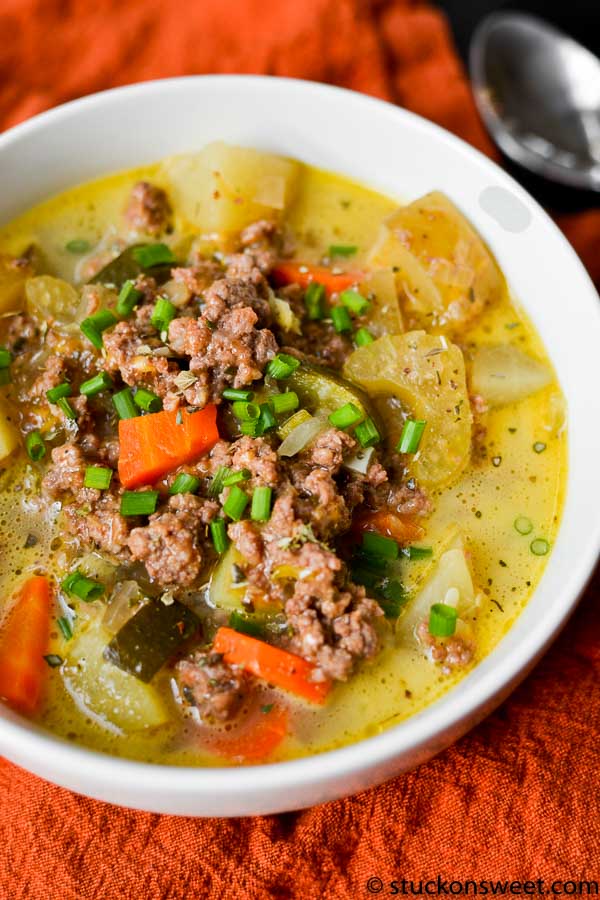 Hearty vegetable beef soup with ground beef, potatoes, carrots, celery, and herbs in a flavorful broth. Perfect for comforting homemade dinners and easy to make using fresh ingredients.