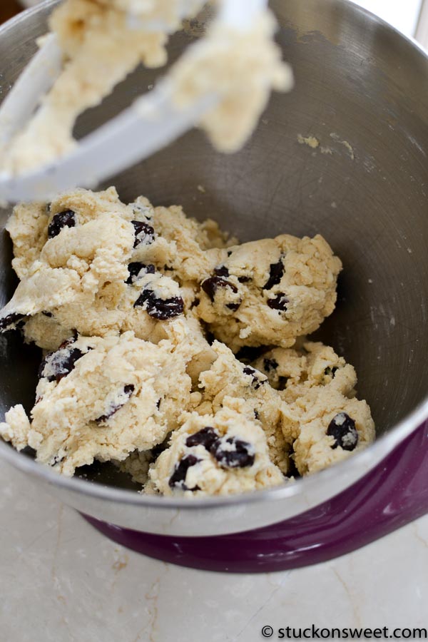 cherry almond scone dough in a mixer
