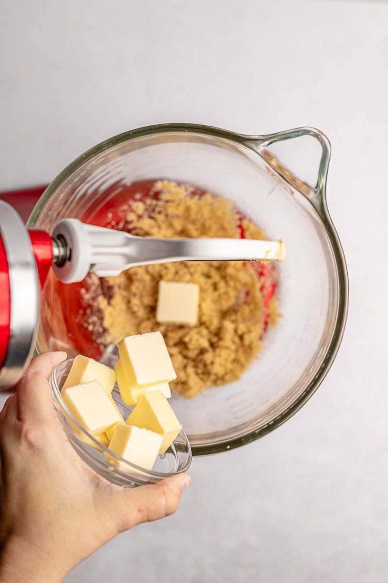 Cream butter and sugar in a mixing bowl with an electric hand mixer.